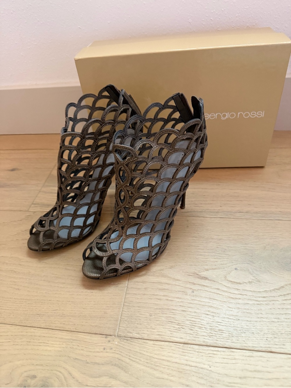 Sergio Rossi Bronze Laser-Cut Scalloped Peep-Toe Booties